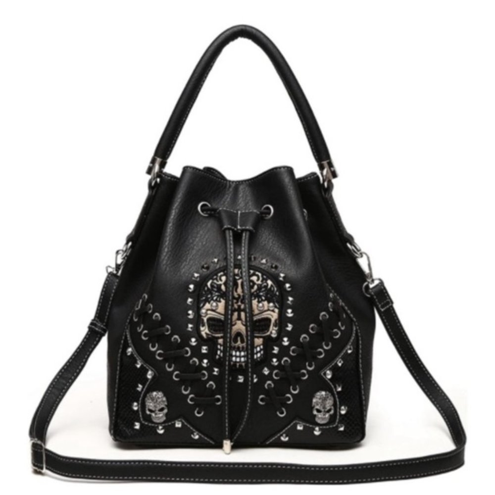 Set Of 2 Bucket Bag And Wallet Skull Punk Art Riv… - image 2